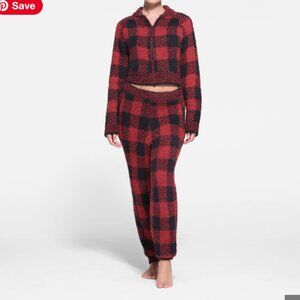 NWT SKIMS Unisex Cozy Knit Jacket and Jogger set in Brick Buffalo Check